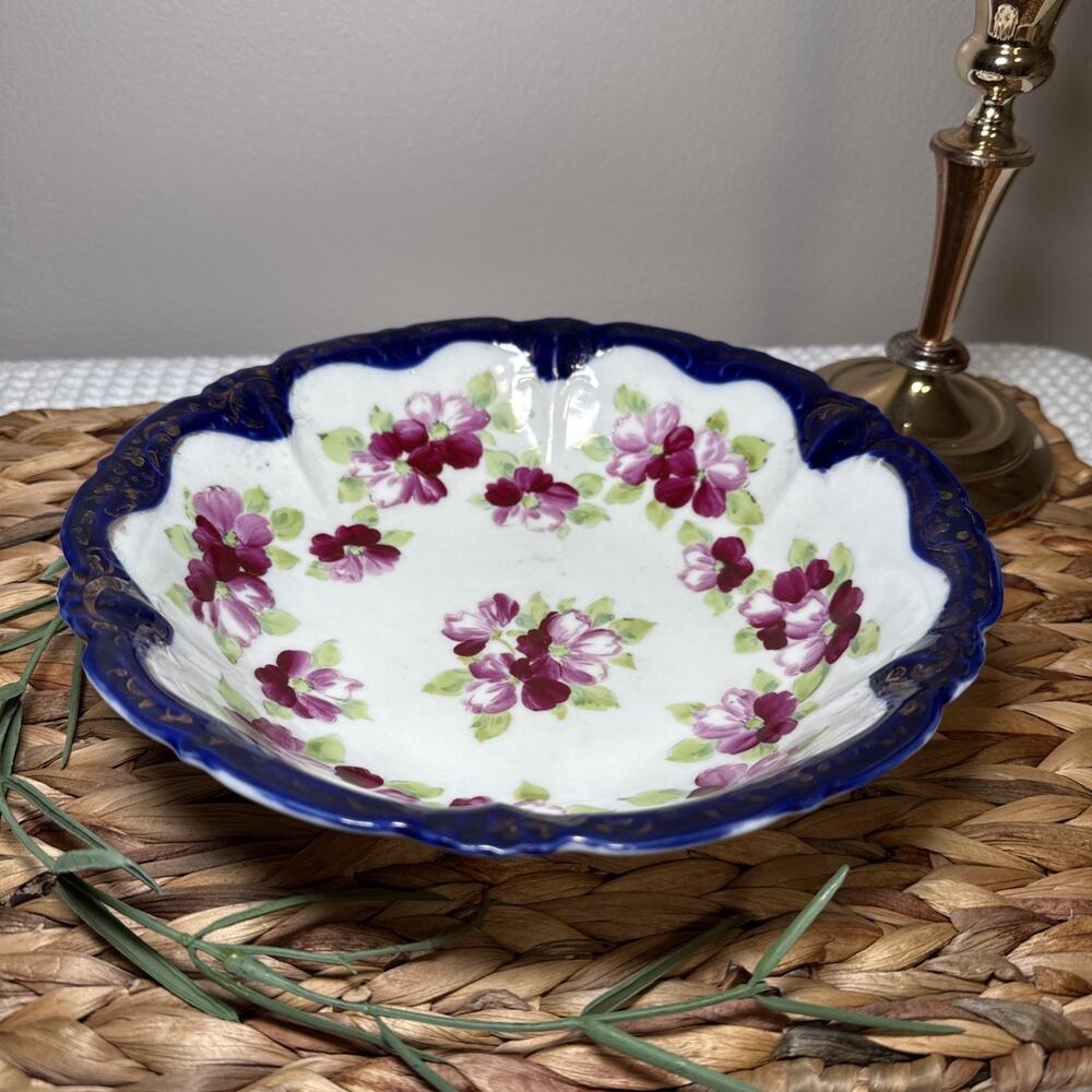 Vintage Japanese Porcelain Floral Serving Bowl Cobalt Blue Rim Scalloped MCM 9”